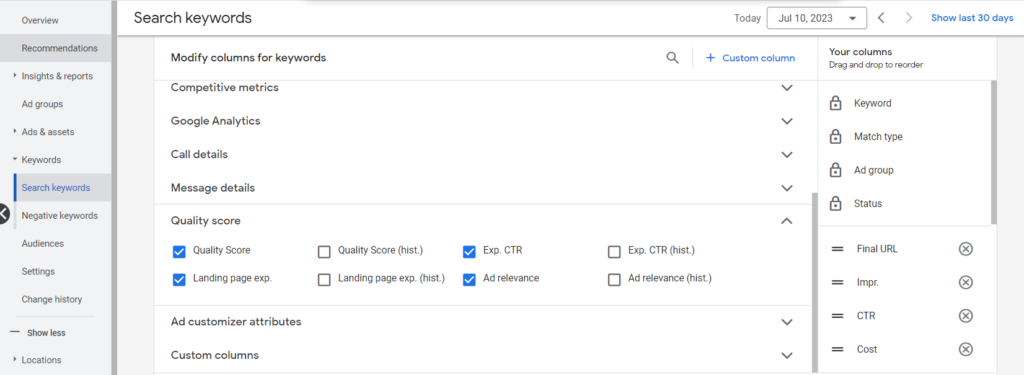 Google Ads Quality Score columns